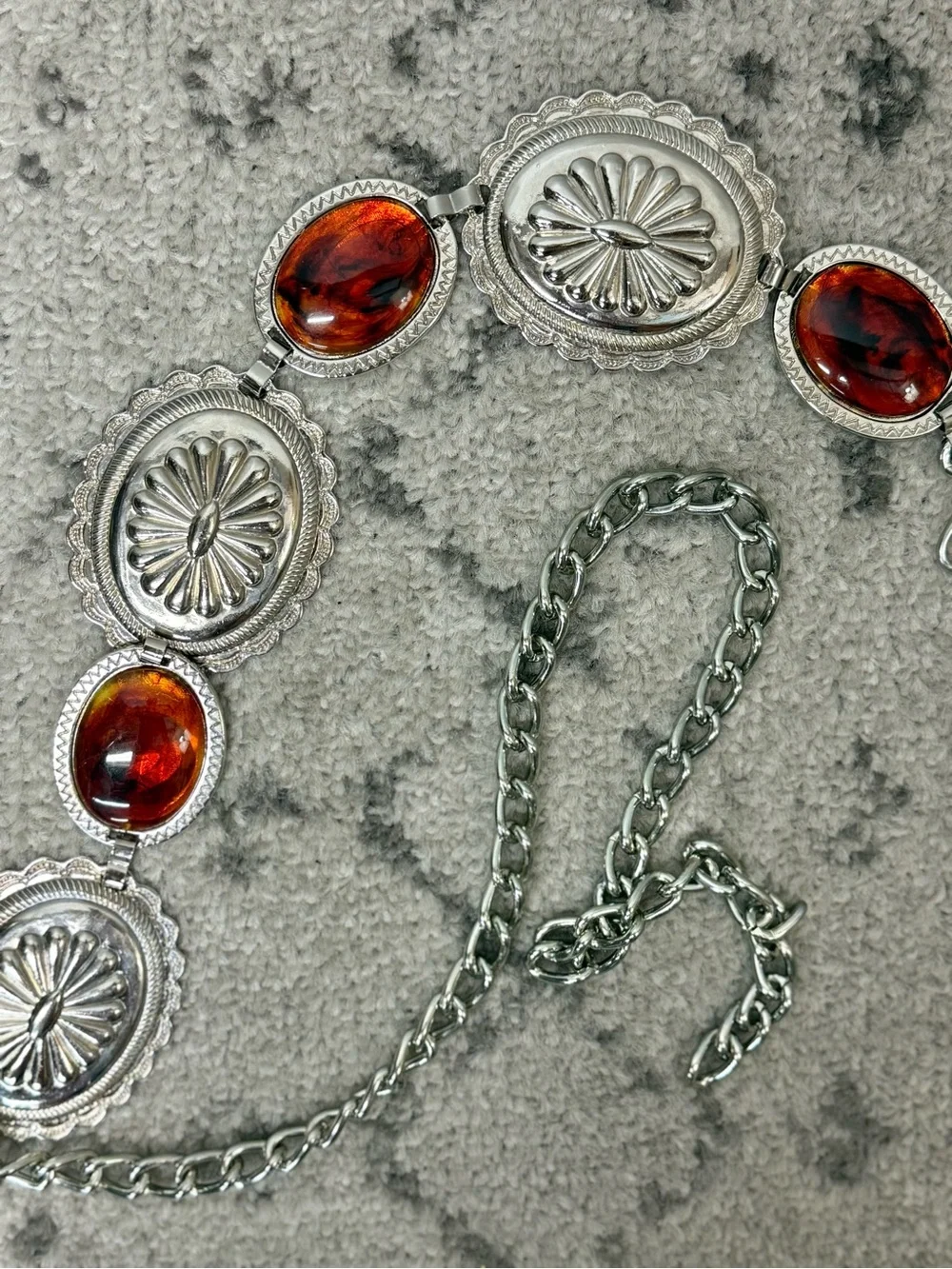 Vintage Western Inspired Concho Chain Belt with Amber Glass Stones by Omega